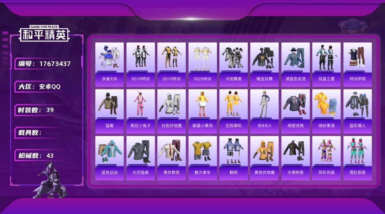 和平精英账号安卓QQ[17673437]安卓 手Q-0粉装-0特效枪-0载具-0粉色飞行器-12015热力值-1王牌印记-39套装-43枪皮
【热门品类】：套装-浪漫天命
【粉色降落伞】：仲夏莫吉托降落伞
【稀有枪皮】：