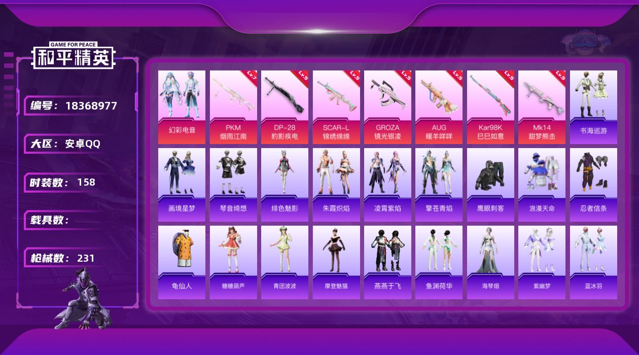 和平精英账号安卓QQ[18368977]安卓 手Q-1粉装-10特效枪-0载具-1粉色飞行器-60113热力值-18王牌印记-158套装-231枪皮
【热门品类】：套装-浪漫天命，套装-忍者信条，套装-龟仙人
【粉色套装