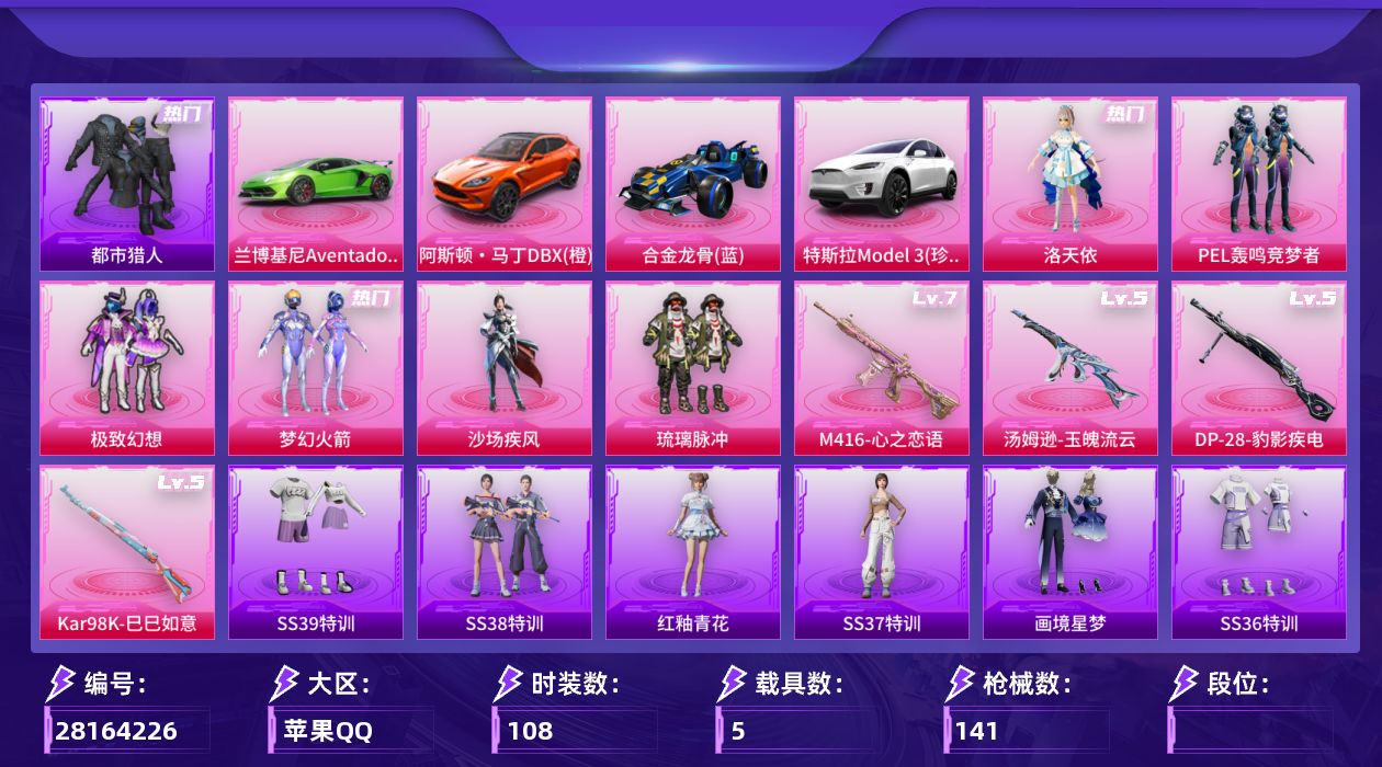 和平精英账号苹果QQ[28164226]【SS8/SS40赛季战神框】6粉装4特效枪4载具 梦幻火箭 洛天依【都市 小番