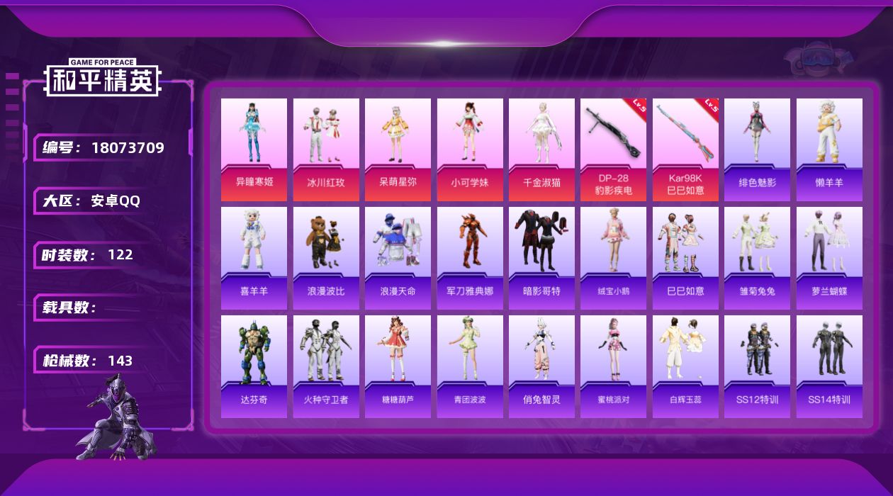 和平精英账号安卓QQ[18073709]【特价出售/店主推荐】安卓 手Q-7粉装-3特效枪-2粉色飞行器-42234热力值-7王牌印记-122套装-143枪皮
【热门品类】：套装-浪漫天命，角色-军刀雅典娜，套装-暗影哥