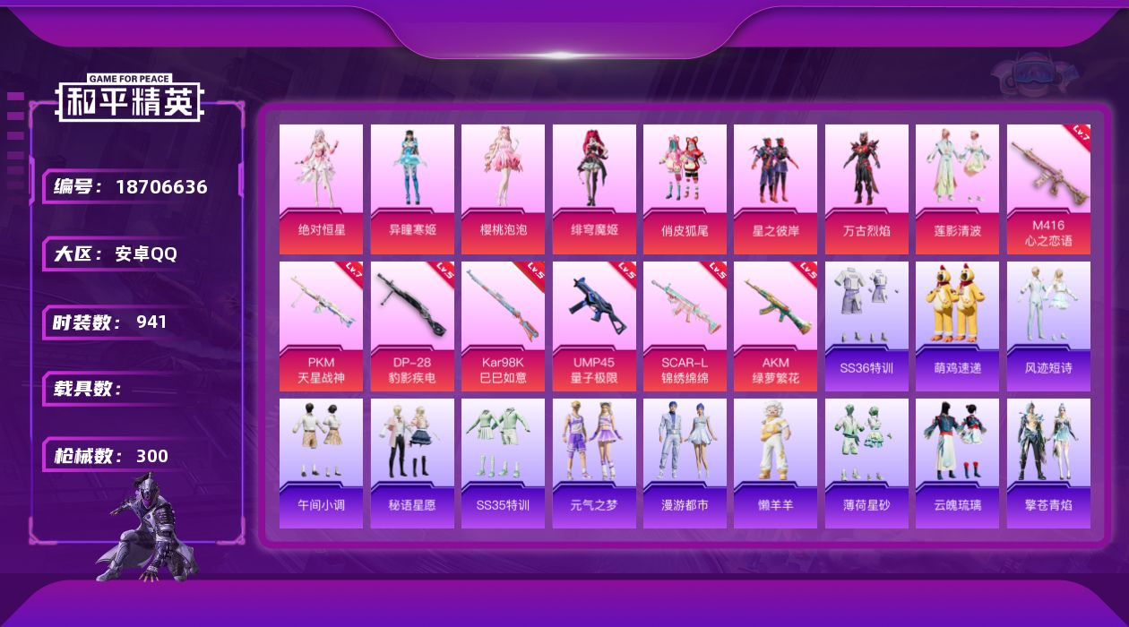 和平精英账号安卓QQ0载具-229套装-300枪皮-s1外套 1稀有8粉装9特效枪14热门229套装300枪皮 8690
