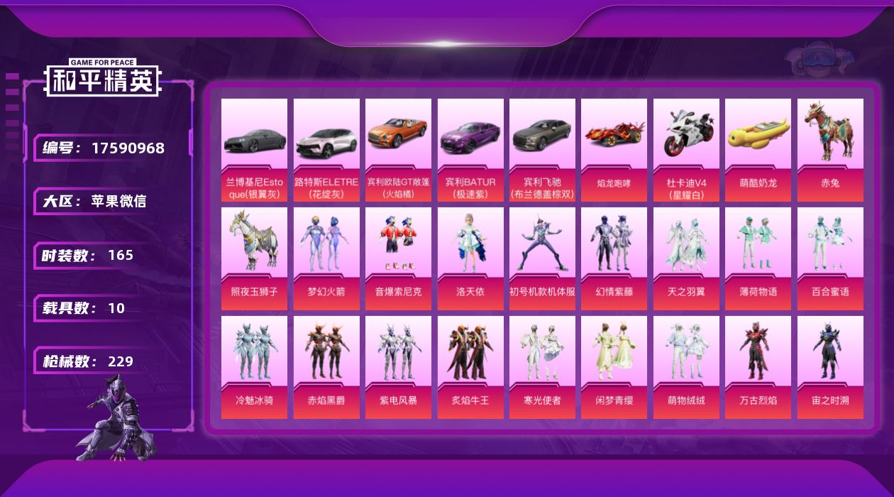 和平精英账号苹果微信[17590968]【店主推荐捡漏号！可直接换绑】苹果 微信-19粉装-13特效枪-10载具-8粉色飞行器-98917热力值-19王牌印记-165套装-229枪皮
【热门品类】：粉装-梦幻火箭，粉装-