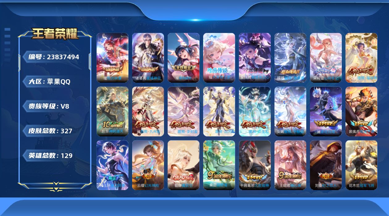 王者荣耀账号苹果QQ贵族8 荣耀典藏2 无双1 珍品传说3 传说皮肤20 史诗皮肤90 皮肤数量327 皮肤价值:261468 英雄129 永恒钻石I 总场次6096