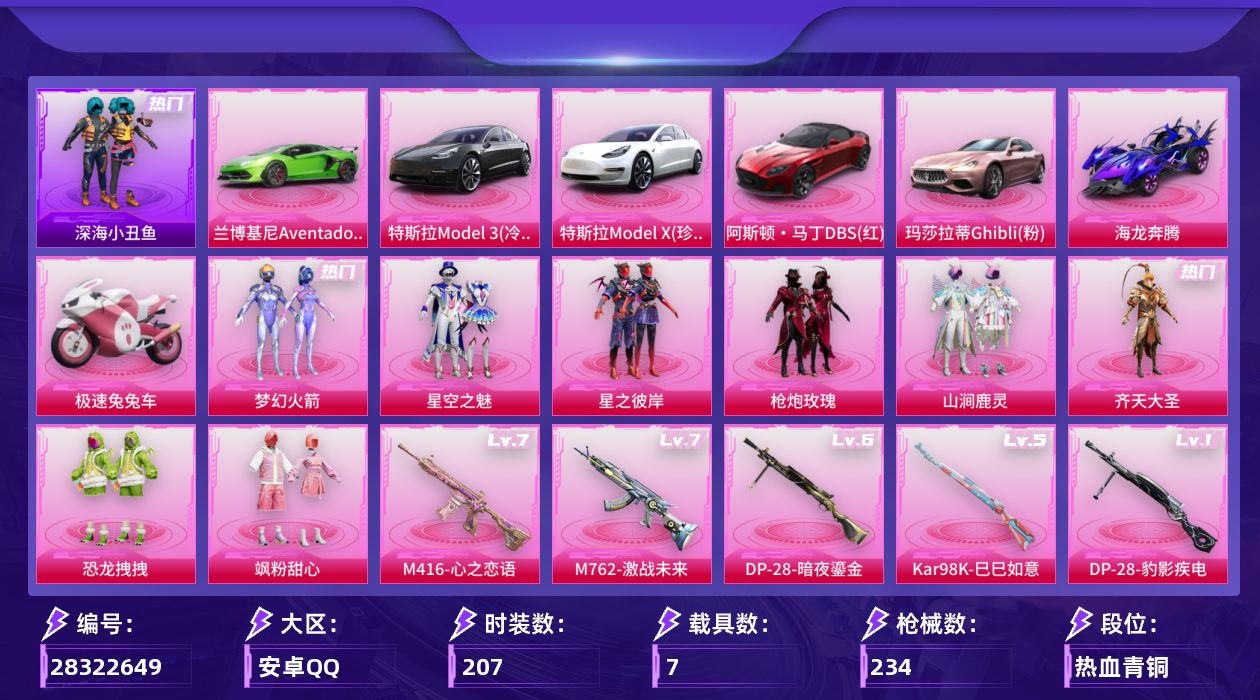 [28322649]M416-心之恋语(七级).可二次【特价出售/店主推荐】安卓手Q-历史最高段位：超级王牌13星-8粉装-5特效枪-7载具-2粉色飞行器-88204热力值-20王牌印记-207套装-234枪皮
【热门品类】：粉装-梦幻火箭，套装-深海小丑鱼，套装-龟仙人，套装-潮萌小黄鸭，套装-浪漫波比
【粉色套装】：粉装-梦幻火箭，粉装-星空之魅，粉装-星之彼岸，粉装-枪炮玫瑰，粉装-山涧鹿灵，粉装-齐天大圣，粉装-恐龙拽拽，粉装-飒粉甜心
【粉色枪皮等级】：M416-心之恋语(七级)，M762-激战未来(七级)，Kar98K-巳巳如意(五级)，DP-28-暗夜鎏金(六级)，DP-28-豹影疾电(一级)
【粉色载具】：特斯拉Model 3（冷光银），特斯拉Model X（珍珠白），兰博基尼Aventador SVJ（翡翠绿），阿斯顿马丁DBS（红），玛莎拉蒂Ghibli（粉），海龙奔腾，极速兔兔车
【粉色枪皮】：M416-心之恋语，M762-激战未来，Kar98K-巳巳如意，DP-28-暗夜鎏金，DP-28-豹影疾电
【粉色飞行器】：激战未来飞行器，齐天大圣飞行器
【粉色降落伞】：春暖花开降落伞，梦幻火箭降落伞，PEL轰鸣竞梦者降落伞，古堡领主降落伞，激战未来降落伞，香水柠檬降落伞，枪炮玫瑰降落伞，暗夜玫瑰降落伞，齐天大圣降落伞，洛神天依降落伞，筑梦精灵降落伞，青空秋雨降落伞，暗夜鎏金降落伞，纯梦嫁纱降落伞，异瞳寒姬降落伞
【稀有套装】：套装-龟仙人，套装-巳巳如意，角色-风玲，玩偶服-懒羊羊
【稀有枪皮】：AKM-夜灯，AKM-彩虹符号，AKM-影袭，AKM-春暖花开，AKM-灼热熔岩，AKM-破晓战魂，AKM-萌趣颜团子，AKM-虎虎生威，AKM-霓虹街区，AKM-龙的传人，M16A4-夜灯，M16A4-幻世战舞者，M16A4-机械英豪，M16A4-龙虾霸霸，SCAR-L-暗夜玫瑰，SCAR-L-炫彩节奏，SCAR-L-玉兔迎春，SCAR-L-生命誓言，M416-夜灯，M416-糯团青竹，M416-绯红前夜，M416-蓝色火焰，GROZA-异彩先驱，GROZA-彩虹符号，GROZA-懵萌河马，GROZA-春暖花开，GROZA-治愈之星，GROZA-生命誓言，GROZA-田园牧歌，GROZA-黑色刀锋，AUG-天降萌叽，AUG-闲梦青缨，AUG-青春冒险家，QBZ-原初圣火，Q