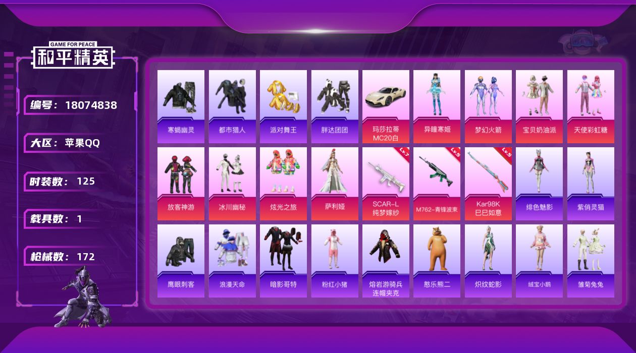 和平精英账号苹果QQ[18074838]都市赤蝎金鞋！【特价出售/店主推荐】苹果 手Q-8粉装-3特效枪-1载具-3粉色飞行器-48551热力值-9王牌印记-125套装-172枪皮
【热门品类】：粉装-梦幻火箭，套装-寒