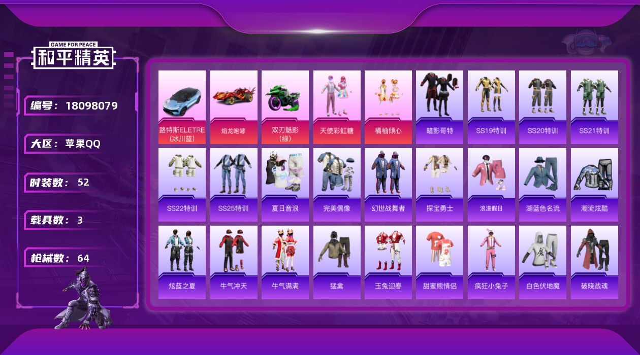 和平精英账号苹果QQ[18098079]苹果 手Q-2粉装-0特效枪-3载具-1粉色飞行器-22341热力值-5王牌印记-52套装-64枪皮
【热门品类】：套装-暗影哥特
【粉色套装】：粉装-天使彩虹糖，粉装-橘柚倾心
