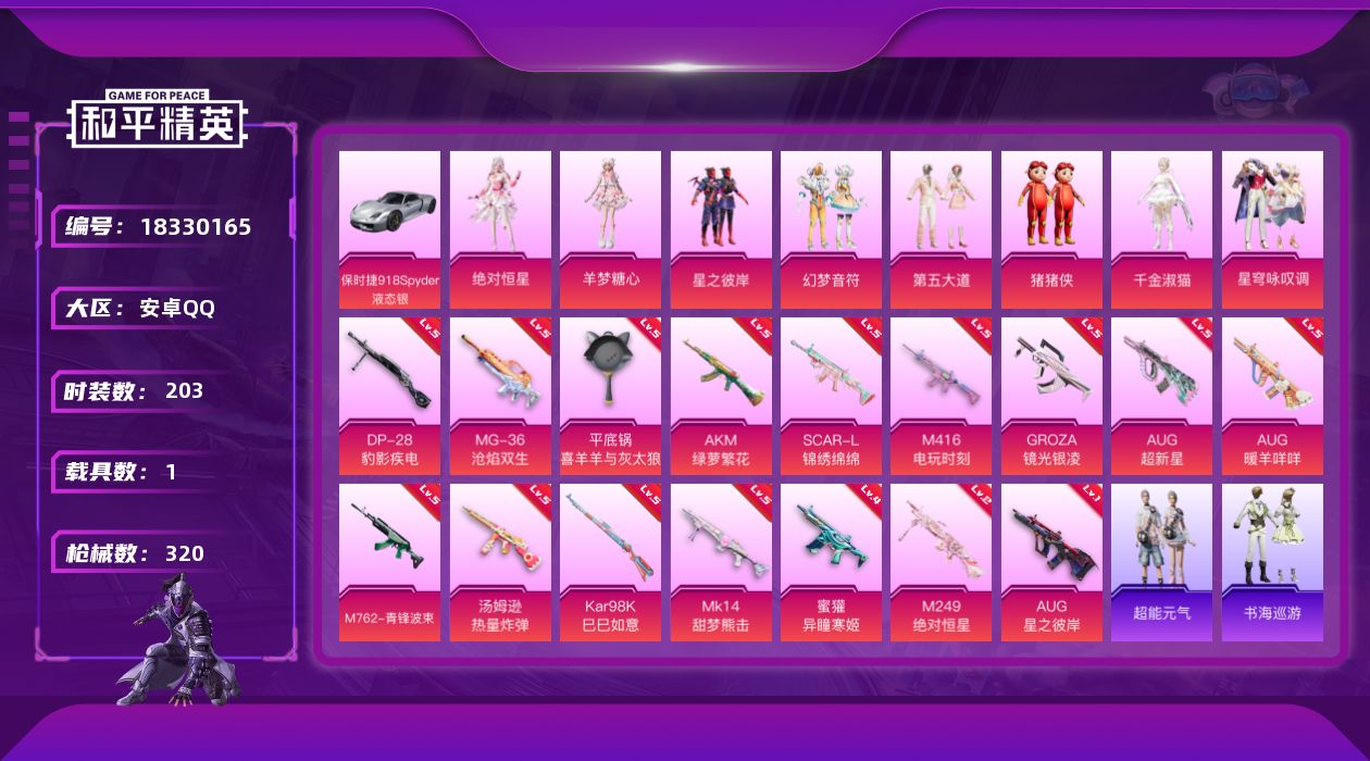 和平精英账号安卓QQ[18330165]安卓 手Q-8粉装-19特效枪-1载具-5粉色飞行器-94370热力值-18王牌印记-203套装-320枪皮
【热门品类】：套装-龟仙人，套装-潮萌小黄鸭
【粉色套装】：角色-绝对