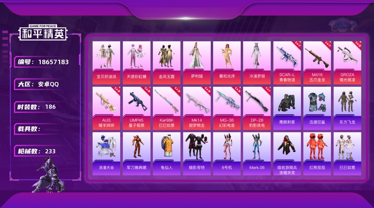 和平精英账号安卓QQ[18657183]186套装/枪械10/装备293/战备137/王牌印记10/热力值70840/七级SCAR-L-青春物语/七级M416-五爪金龙/五级GROZA-镜光银凌/五级AUG-暖羊咩咩/五