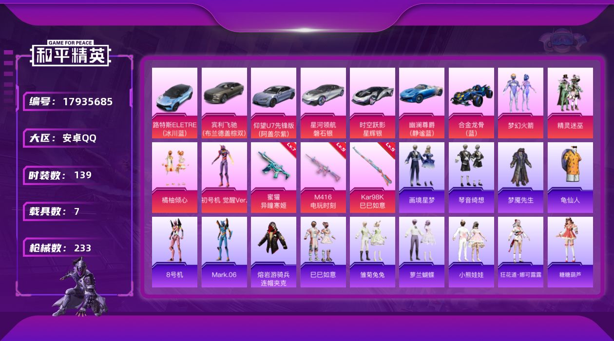 和平精英账号安卓QQ[17935685]【特价出售/店主推荐】安卓 手Q-4粉装-5特效枪-7载具-3粉色飞行器-70789热力值-8王牌印记-139套装-233枪皮【热门品类】：粉装-梦幻火箭，套装-龟仙人，角色-8号