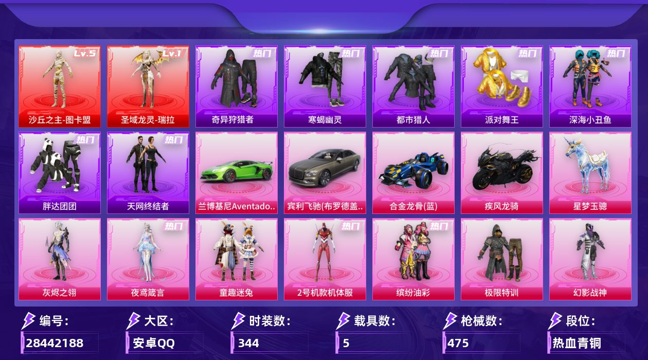 [28442188]安卓手Q-历史最高段位：传奇王牌15星-2神装-39粉装-32特效枪-5载具-18粉色飞行器-173950热力值-23王牌印记-344套装-475枪皮
【红色神装等级】：圣域龙灵-瑞拉(一级)，沙丘之主-图卡盟(五级)
【红色角色神装】：圣域龙灵-瑞拉，沙丘之主-图卡盟
【热门品类】：粉装-童趣迷兔，粉装-2号机款机体服，粉装-缤纷油彩，套装-寒蝎幽灵，套装-浪漫天命，套装-都市猎人，套装-派对舞王，套装-深海小丑鱼，套装-小丑鱼，套装-奇异狩猎者，角色-军刀雅典娜，套装-胖达团团，套装-天网终结者，套装-忍者信条，套装-龟仙人，套装-潮萌小黄鸭，套装-暗影哥特，套装-红红火火，角色-Mark.06，熔岩游骑兵连帽夹克，套装-红熊茄茄
【粉色套装】：角色-灰烬之翎，粉装-极限特训，粉装-幻影战神，粉装-未来战士，粉装-甜心巧克力，粉装-宝贝奶油派，粉装-天使彩虹糖，粉装-星之信仰，粉装-缤纷油彩，粉装-花间之火，粉装-诡面斩，粉装-绚金战神，粉装-冰霜白皇，粉装-童趣迷兔，粉装-炙焰红王，粉装-星之彼岸，粉装-相思残雪，角色-2号机款机体服，粉装-薄荷物语，粉装-冷魅冰骑，粉装-赤焰黑爵，粉装-紫电风暴，粉装-炙焰牛王，角色-复仇流浪者，粉装-暖熊萌萌，粉装-垂柳戏鸭，粉装-灵感创作师，蜀山剑侠-李逍遥，粉装-冰川粉黛，粉装-仲夏莫吉托，粉装-炫光之旅，角色-严莉莉，粉装-霓虹漫游，角色-光极星，角色-初号机 觉醒Ver.，粉装-金丰海韵，角色-狂魅哈莉，角色-绯穹魔姬，角色-夜鸢箴言
【粉色枪皮等级】：AKM-梦之光华(五级)，SCAR-L-青春物语(一级)，SCAR-L-桃夭倾城(一级)，SCAR-L-天蓬元帅(八级)，SCAR-L-魔童闹海 哪吒(三级)，M416-心之恋语(四级)，M416-电玩时刻(五级)，M416-墨龙九天(三级)，GROZA-精灵之光(三级)，AUG-星之彼岸(五级)，M762-甜心娃娃(五级)，ACE32-萌骑漫游(五级)，UMP45-雪国精灵(七级)，Vector-环太平洋(五级)，汤姆逊-热量炸弹(五级)，汤姆逊-玉魄流云(二级)，AKS-74U-信仰神谕(五级)，P90-沙丘之主(三级)，Kar98K-巳巳如意(五级)，Kar98K-圣域龙灵(三级)，Mk14-甜梦熊击(五级)，Mk14-福马献瑞(五级)，AMR-炫光之旅(五