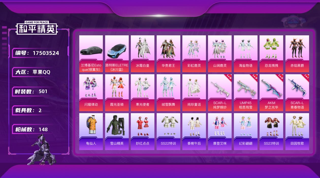 和平精英账号苹果QQ2载具-127套装-148枪皮-2载具12粉装4特效枪20热门127套装148枪皮 52760热力值