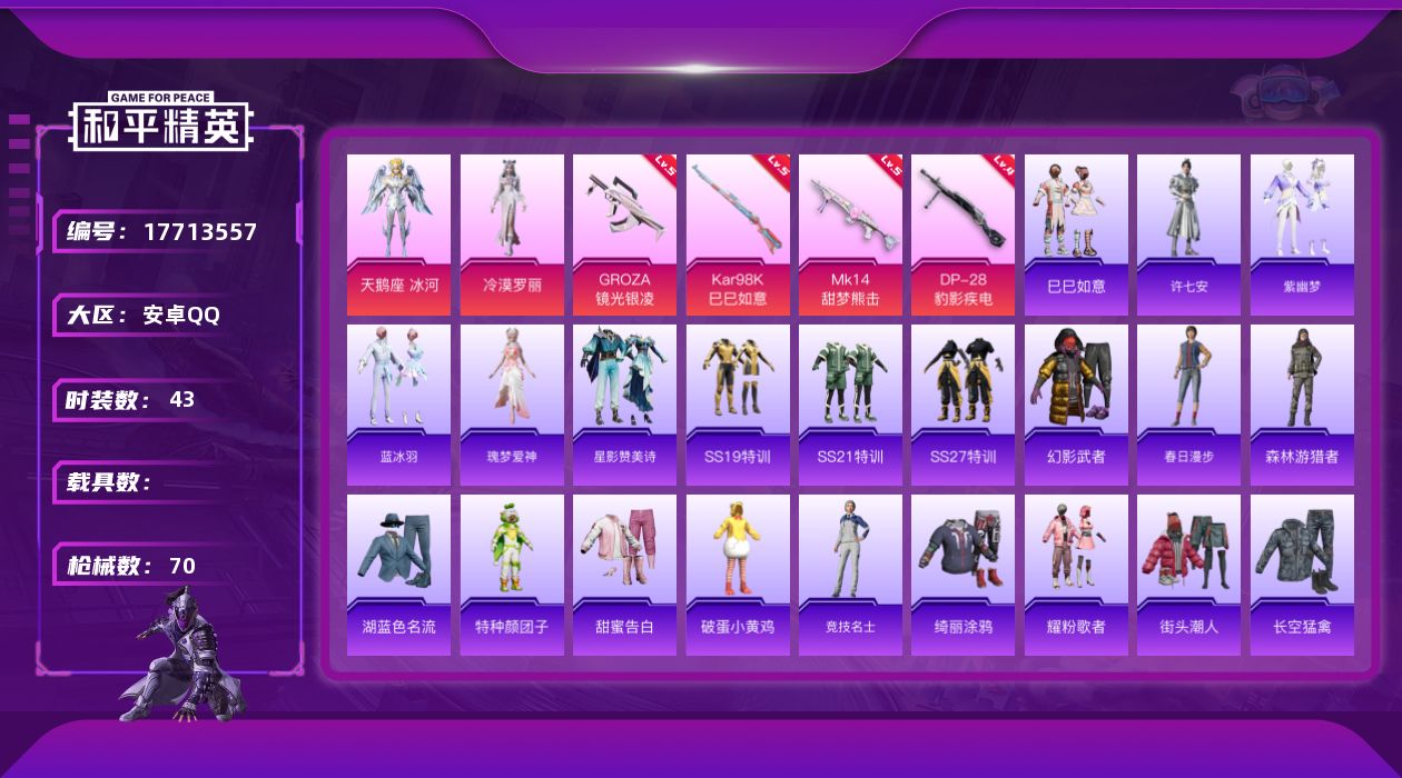 和平精英账号安卓QQ[17713557]安卓 手Q-2粉装-5特效枪-0载具-1粉色飞行器-20822热力值-1王牌印记-43套装-70枪皮
【粉色套装】：角色-天鹅座 冰河，角色-冷漠罗丽
【粉色枪皮等级】：GROZA