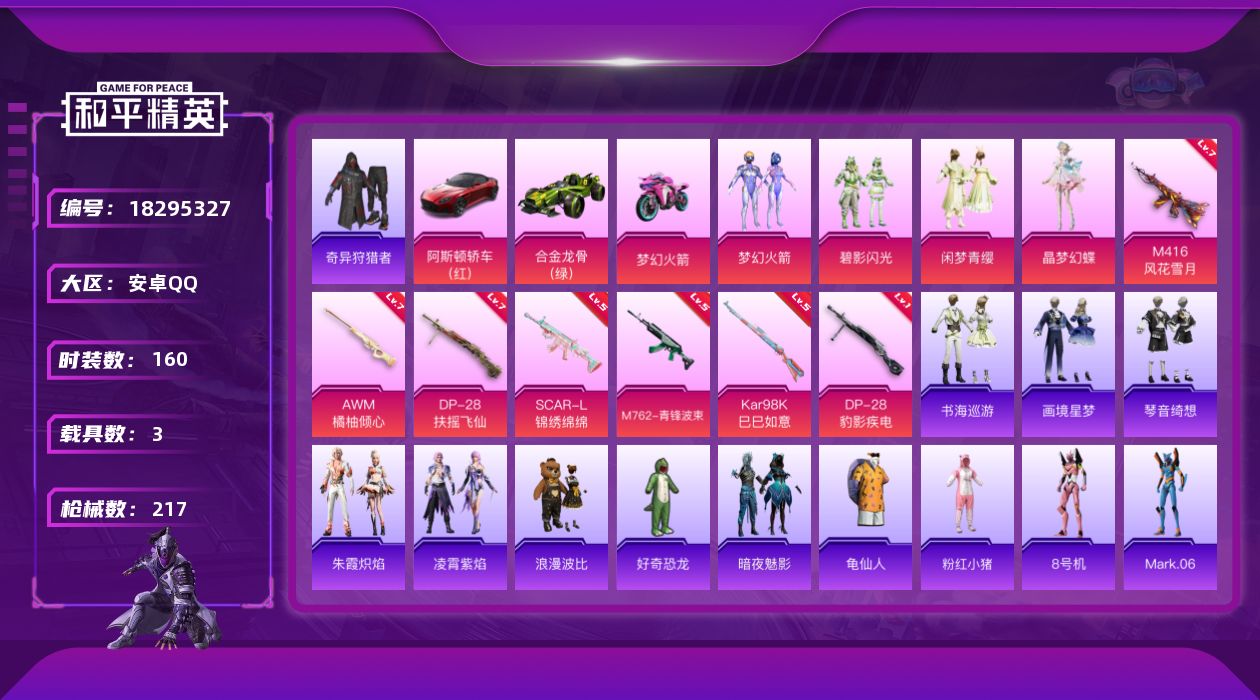 和平精英账号安卓QQ[18295327]安卓 手Q-5粉装-7特效枪-3载具-5粉色飞行器-68789热力值-15王牌印记-160套装-217枪皮
【热门品类】：粉装-梦幻火箭，套装-奇异狩猎者，套装-龟仙人，套装-浪漫