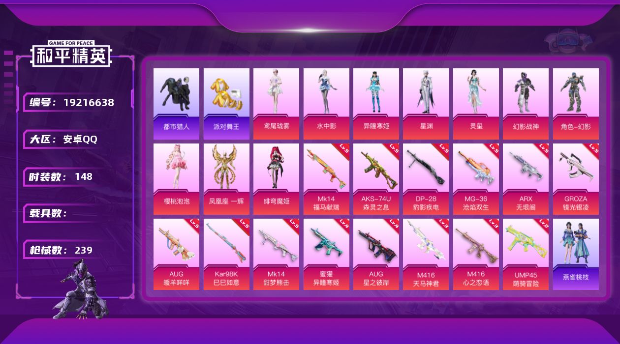 和平精英账号安卓QQ[19216638]安卓 手Q-10粉装-14特效枪-0载具-5粉色飞行器-69286热力值-8王牌印记-148套装-239枪皮
【热门品类】：套装-浪漫天命，套装-都市猎人，套装-派对舞王，套装-小