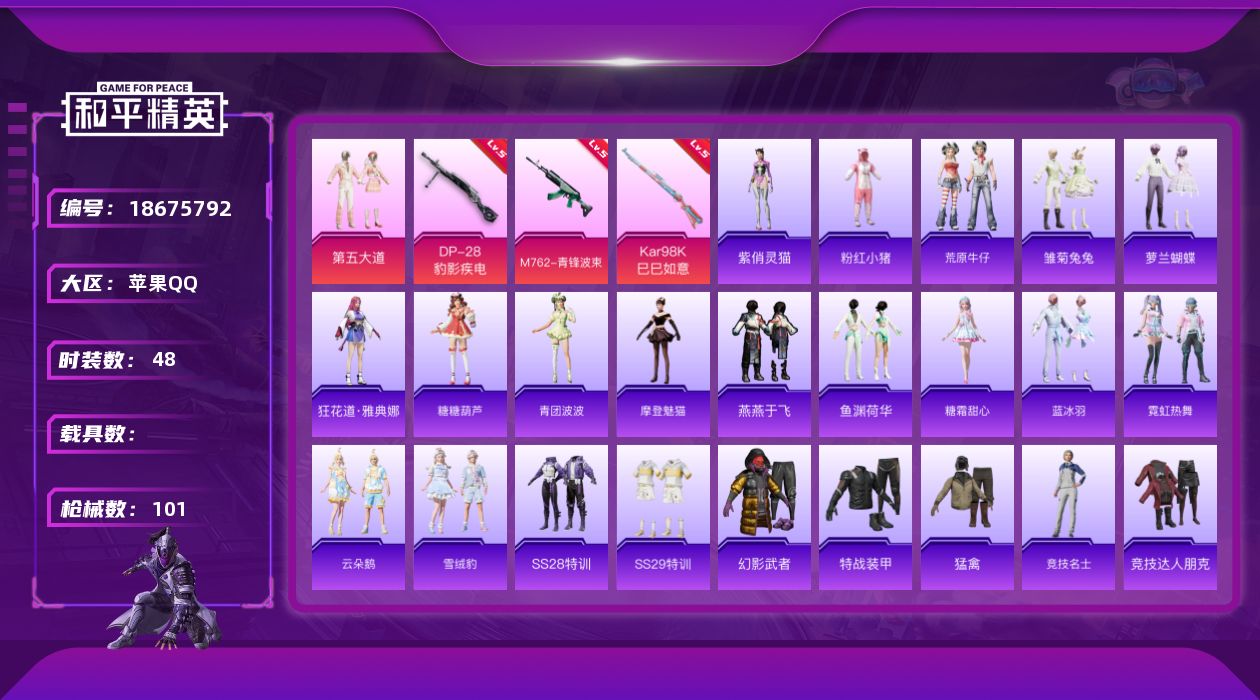 和平精英账号苹果QQ[18675792]【特价出售/店主推荐】苹果 手Q-1粉装-4特效枪-0载具-2粉色飞行器-23803热力值-3王牌印记-48套装-101枪皮
【热门品类】：套装-粉红小猪
【粉色套装】：粉装-第五