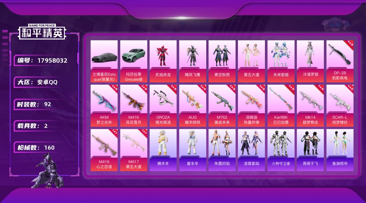 和平精英账号安卓QQ[17958032]安卓 手Q-6粉装-13特效枪-2载具-1粉色飞行器-48479热力值-4王牌印记-92套装-160枪皮
【粉色套装】：粉装-炙焰赤龙，粉装-飓风飞鹰，粉装-青空秋雨，粉装-第五大