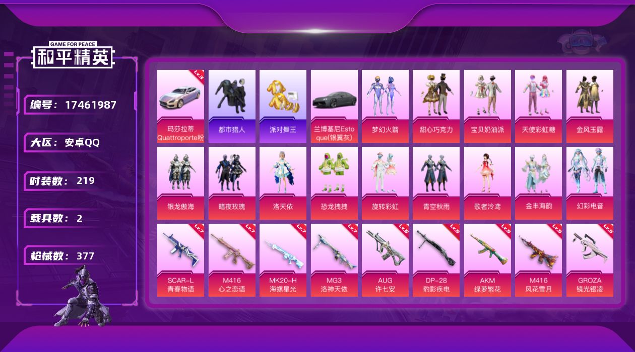 和平精英账号安卓QQ[17461987]安卓 手Q-14粉装-14特效枪-2载具-6粉色飞行器-120962热力值-15王牌印记-219套装-377枪皮
【红色载具】：玛莎拉蒂Quattroporte（幻星粉）(三级)

