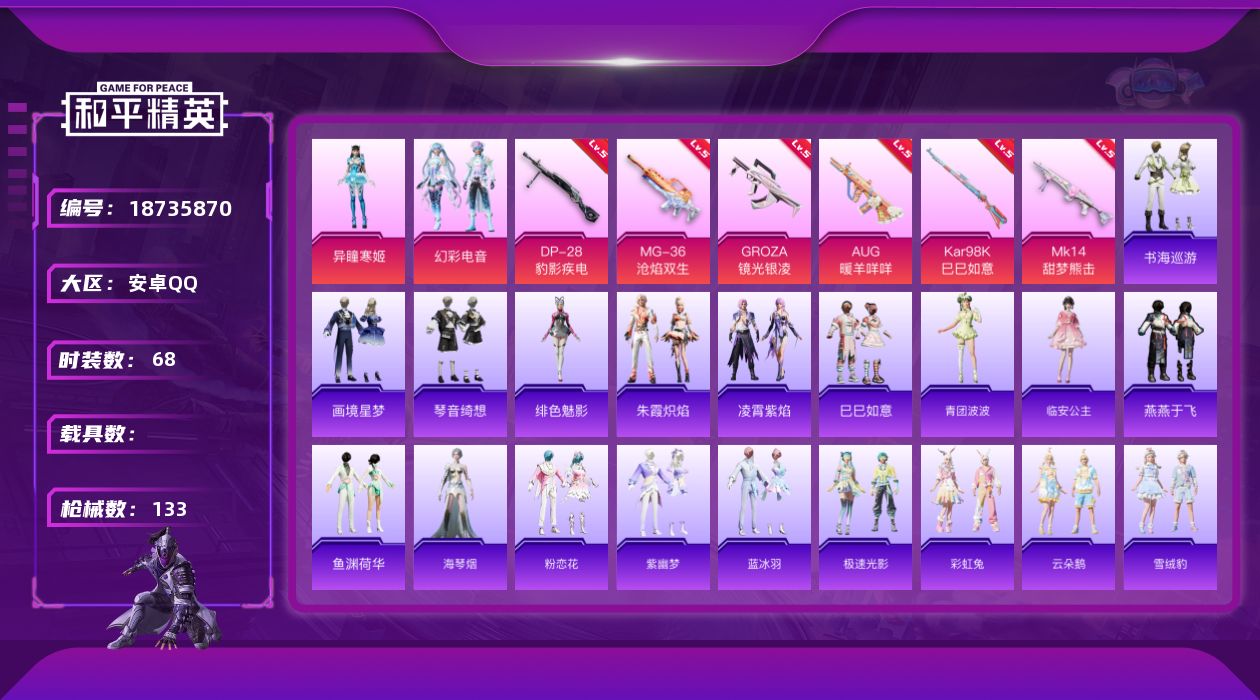 和平精英账号安卓QQ[18735870]安卓 手Q-2粉装-9特效枪-0载具-1粉色飞行器-36451热力值-2王牌印记-68套装-133枪皮
【粉色套装】：粉装-幻彩电音，角色-异瞳寒姬
【粉色枪皮等级】：GROZA-