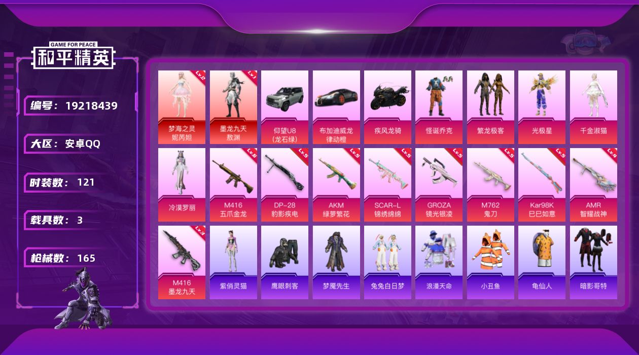 和平精英账号安卓QQ[19218439]安卓 手Q-2神装-5粉装-9特效枪-3载具-3粉色飞行器-59305热力值-4王牌印记-121套装-165枪皮
【红色神装等级】：梦海之灵-妮芮妲(二级)，墨龙九天-敖渊(一级)