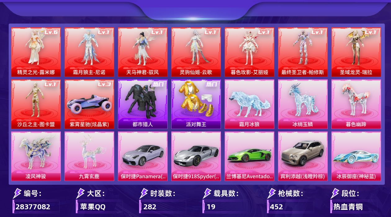 [28377082]苹果手Q-历史最高段位：无敌战神-8神装-28粉装-42特效枪-19载具-29粉色飞行器-188141热力值-13王牌印记-282套装-452枪皮
【红色载具等级】：紫霄星驰（炫晶紫）(三级)
【红色神装等级】：霜月狼主-尼诺(一级)，天马神君-驭风(一级)，灵驹仙姬-云歌(一级)，暮色玫影-艾丽娅(一级)，最终圣卫者-帕修斯(一级)，圣域龙灵-瑞拉(一级)，精灵之光-露米娜(六级)，沙丘之主-图卡盟(一级)
【红色角色神装】：霜月狼主-尼诺，天马神君-驭风，灵驹仙姬-云歌，暮色玫影-艾丽娅，最终圣卫者-帕修斯，圣域龙灵-瑞拉，精灵之光-露米娜，沙丘之主-图卡盟
【热门品类】：粉装-梦幻火箭，粉装-缤纷油彩，套装-浪漫天命，套装-都市猎人，套装-派对舞王，套装-小丑鱼，套装-星河浪客，套装-粉红小猪，套装-红熊茄茄
【粉色套装】：角色-女王，角色-满月旋律，粉装-幻影战神，粉装-甜心巧克力，粉装-宝贝奶油派，粉装-天使彩虹糖，粉装-梦幻火箭，粉装-缤纷油彩，粉装-放客神游，粉装-寒光使者，粉装-仲夏莫吉托，粉装-未来领航者，角色-樱桃泡泡，粉装-星月云朵，角色-智耀战神，粉装-星穹咏叹调，粉装-幻彩电音，角色-绯穹魔姬，角色-奇迹舞步 美雪，角色-花灵，角色-异瞳寒姬，角色-辉云木星，人物-小舞，人物-小舞·灵珑，人物-小舞·雪昙，人物-小舞·恋语，角色-鸢尾珑雾，角色-吾皇猫
【粉色枪皮等级】：UMP45-霜月狼主(三级)，AKM-暮色玫影(一级)，SCAR-L-灵驹仙姬(三级)，M416-灵猫魔法师(六级)，M416-天马神君(一级)，GROZA-精灵之光(三级)，AUG-星梦奇缘(七级)，AUG-全息游灵(三级AKM-满月旋律)，蜜獾-异瞳寒姬(四级)，ARX-神木藏锋(五级)，UMP45-萌骑冒险(四级)，Vector-最终圣卫者(三级)，汤姆逊-女王(一级)，汤姆逊-玉魄流云(五级)，AKS-74U-星穹咏叹调(五级)，P90-沙丘之主(一级)，P90-魔童闹海 敖丙(三级)，Kar98K-巳巳如意(五级)，Kar98K-圣域龙灵(三级)，Mk14-盛世惊鸿(三级)，Mk14-樱桃泡泡(一级)，Mk14-辉云木星(五级)，Mk14-福马献瑞(五级)，AMR-智耀战神(四级)，M200-梦海之灵(一级)，MK12-雪月幻音(三级)，AA12-G-其乐融融(