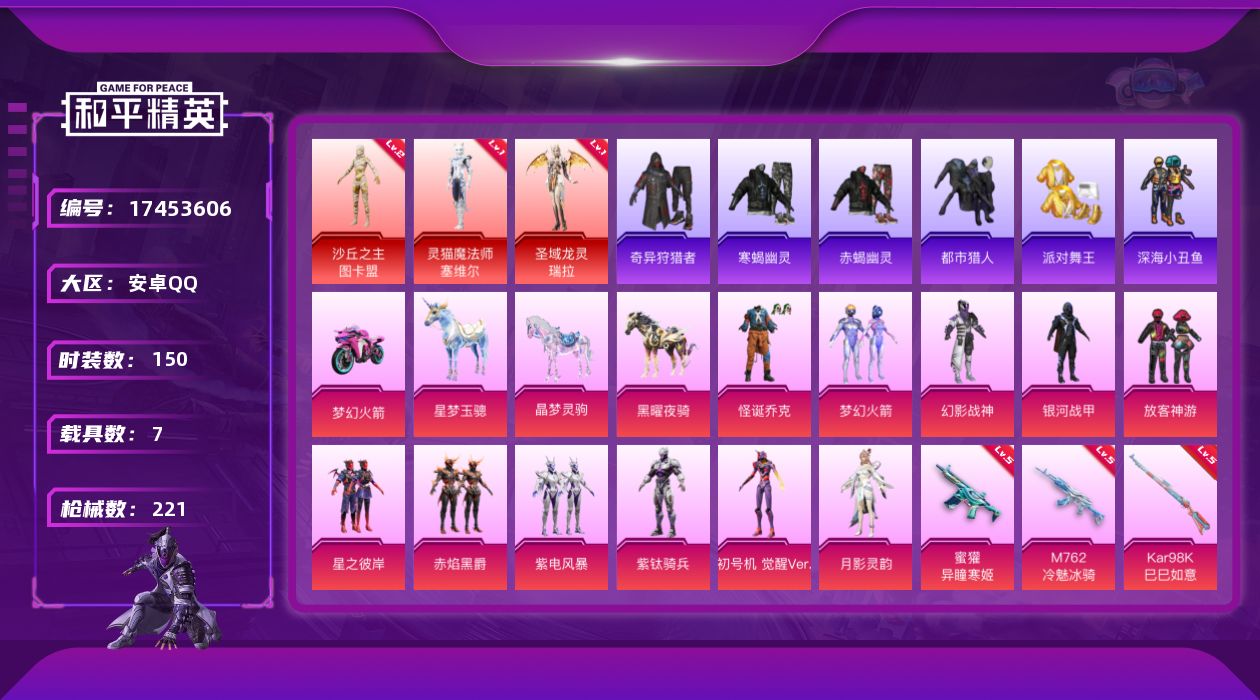 和平精英账号安卓QQ[17453606]带v9王者409皮肤【特价出售/店主推荐】安卓 手Q-3神装-11粉装-21特效枪-7载具-14粉色飞行器-83717热力值-5王牌印记-150套装-221枪皮
【红色神装等级】：