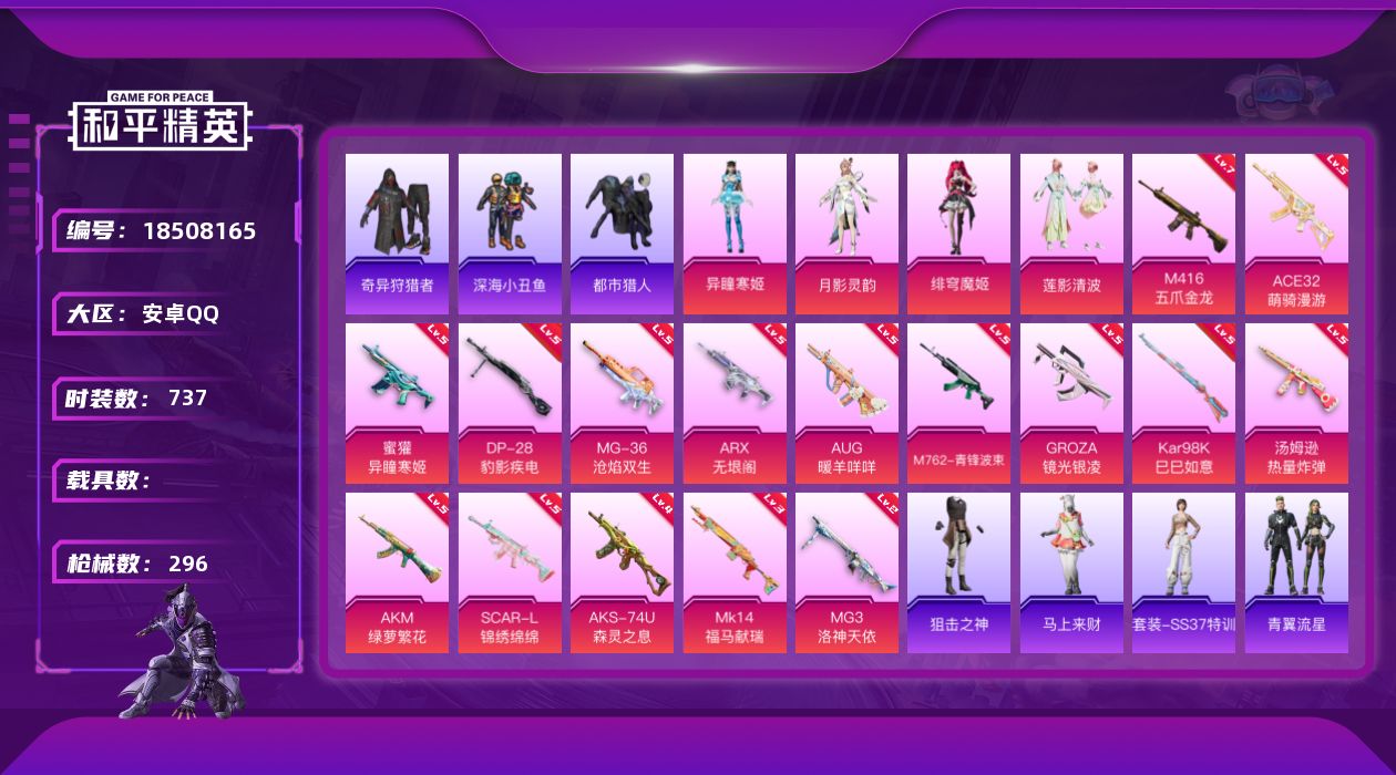 和平精英账号安卓QQ实名: 不可修改 时装数: 737 枪械数: 296 战备数: 215 热门装扮: 奇异狩猎者,呆萌