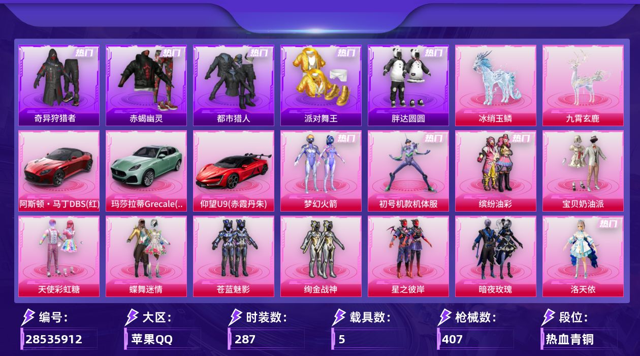 [28535912]苹果手Q历史最高段位传奇王牌20星24粉装21特效枪5载具8粉色飞行器151049热力值19王牌印记287套装407枪皮
【热门品类】粉装梦幻火箭粉装初号机款机体服粉装缤纷油彩套装浪漫天命套装赤蝎幽灵套装都市猎人套装派对舞王套装奇异狩猎者角色军刀雅典娜套装胖达圆圆角色忠猛周仓角色忠真马岱角色忠义严颜套装龟仙人套装暗影哥特套装粉红小猪大砍刀青龙偃月刀
【粉色套装】粉装宝贝奶油派粉装天使彩虹糖粉装蝶舞迷情粉装梦幻火箭粉装缤纷油彩粉装苍蓝魅影粉装绚金战神粉装星之彼岸粉装暗夜玫瑰角色洛天依角色初号机款机体服粉装蓝莓炮弹粉装炙焰牛王角色复仇流浪者粉装霁雪冰心粉装垂柳戏鸭粉装青空秋雨角色呆萌星弥角色小可学妹粉装萌物绒绒粉装莲影清波粉装傲傲奶龙粉装星穹咏叹调角色狂魅哈莉
【粉色枪皮等级】AKM梦之光华(七级)M16A4垂柳戏鸭(四级)SCARL青春物语(七级)M416心之恋语(七级)AUG超新星(七级)M762电糖天使(五级)蜜獾异瞳寒姬(五级)UZI筑梦精灵(七级)Vector环太平洋(五级)AKS74U森灵之息(五级)P90能量风暴(五级)Kar98K巳巳如意(五级)M24莲影清波(四级)Mk14甜梦熊击(五级)Mk14福马献瑞(五级)SLR暗夜玫瑰(四级)AA12G萌骑幻想(二级)DP28豹影疾电(五级)MG3洛神天依(五级)MG36沧焰双生(五级)MG36虹云熊熊(二级)
【粉色载具】阿斯顿马丁DBS红玛莎拉蒂Grecale薄荷绿仰望U9赤霞丹朱僚机萌兔起飞冰绡玉鳞九霄玄鹿
【粉色枪皮】AKM梦之光华M16A4垂柳戏鸭SCARL青春物语M416心之恋语AUG超新星M762电糖天使蜜獾异瞳寒姬UZI筑梦精灵Vector环太平洋AKS74U森灵之息P90能量风暴Kar98K巳巳如意M24莲影清波Mk14甜梦熊击Mk14福马献瑞SLR暗夜玫瑰AA12G萌骑幻想DP28豹影疾电MG3洛神天依MG36沧焰双生MG36虹云熊熊
【粉色飞行器】炫彩糖果飞行器四圣焕新飞行器歌者泠鸢飞行器萌物绒绒飞行器灵珠游龙飞行器极意拳锋飞行器天空之门飞行器
【粉色降落伞】粉色回忆降落伞甜心宝贝降落伞梦幻火箭降落伞四圣焕新降落伞心之恋语降落伞阿狸红降落伞香水柠檬降落伞暗夜玫瑰降落伞齐天大圣降落伞洛神天依降落伞青春物语降落伞橘柚倾心降落伞闪光银龙降落伞环太平洋降落伞垂柳戏鸭降落伞彩虹甜喵降落伞暗夜鎏金降