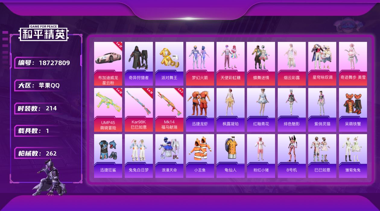 和平精英账号苹果QQ[18727809]214套装/枪械3/装备328/载具1/战备210/王牌印记13/热力值81041/五级UMP45-萌骑冒险/五级Kar98K-巳巳如意/一级MK14-福马献瑞/二级布加迪威龙(星
