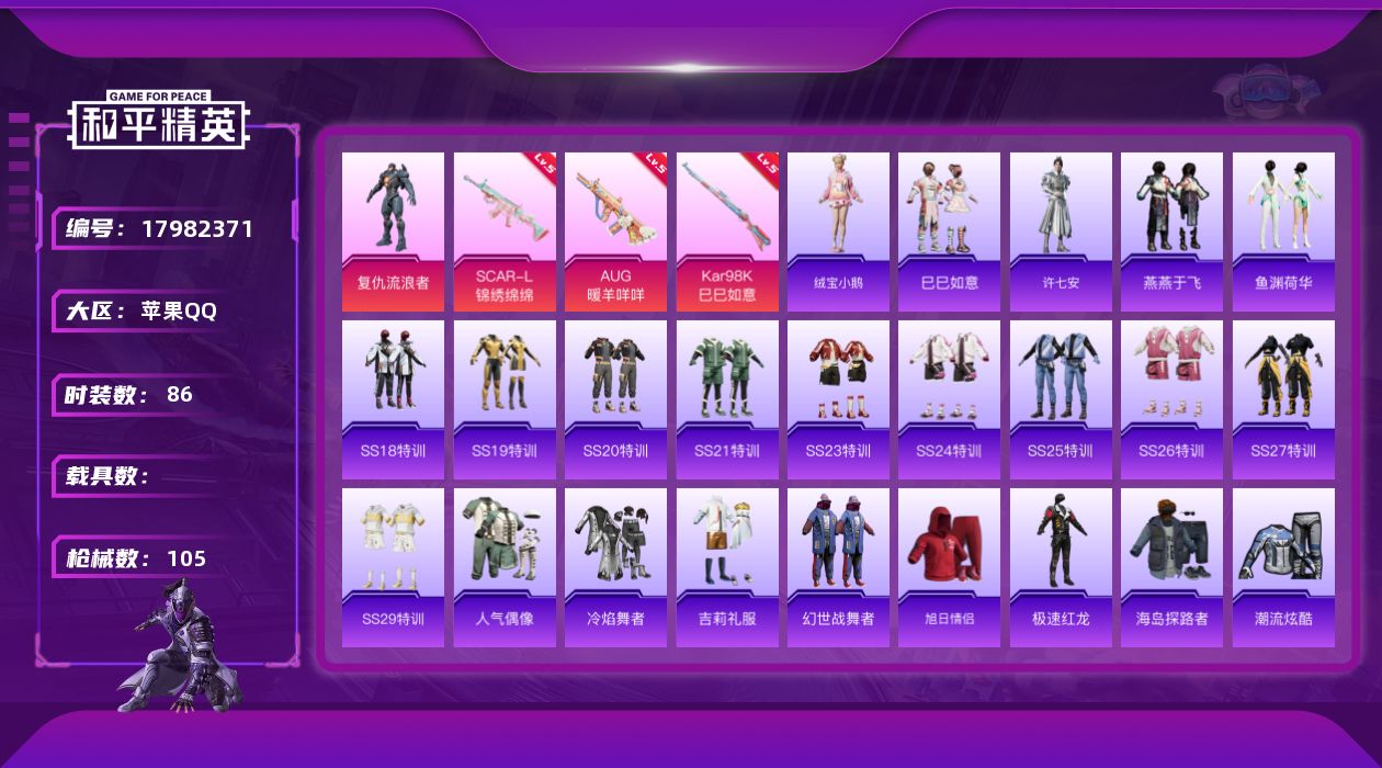 和平精英账号苹果QQ[17982371]苹果 手Q-1粉装-4特效枪-0载具-0粉色飞行器-28847热力值-3王牌印记-86套装-105枪皮
【粉色套装】：角色-复仇流浪者
【粉色枪皮等级】：SCAR-L-锦绣绵绵(五