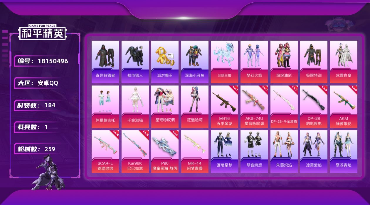 和平精英账号安卓QQ[18150496]【店主推荐捡漏号！可直接换绑】安卓 手Q-8粉装-11特效枪-1载具-6粉色飞行器-79837热力值-17王牌印记-184套装-259枪皮
【热门品类】：粉装-梦幻火箭，粉装-缤纷