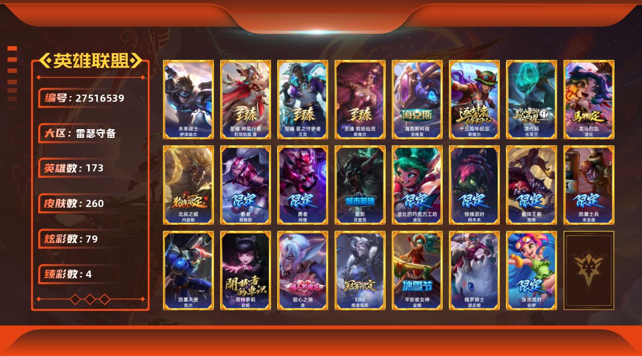 英雄联盟账号电信[27516539]t50264【雷瑟守备】 260皮肤 79炫彩 4臻彩 8神话/40限定/28传