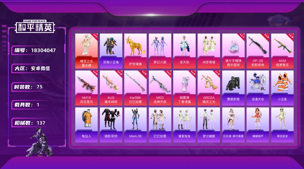 和平精英账号安卓微信[18304047]露米娜！安卓 微信-1神装-3粉装-10特效枪-1载具-5粉色飞行器-43182热力值-2王牌印记-75套装-137枪皮
【红色神装等级】：精灵之光-露米娜(一级)
【红色角色神装