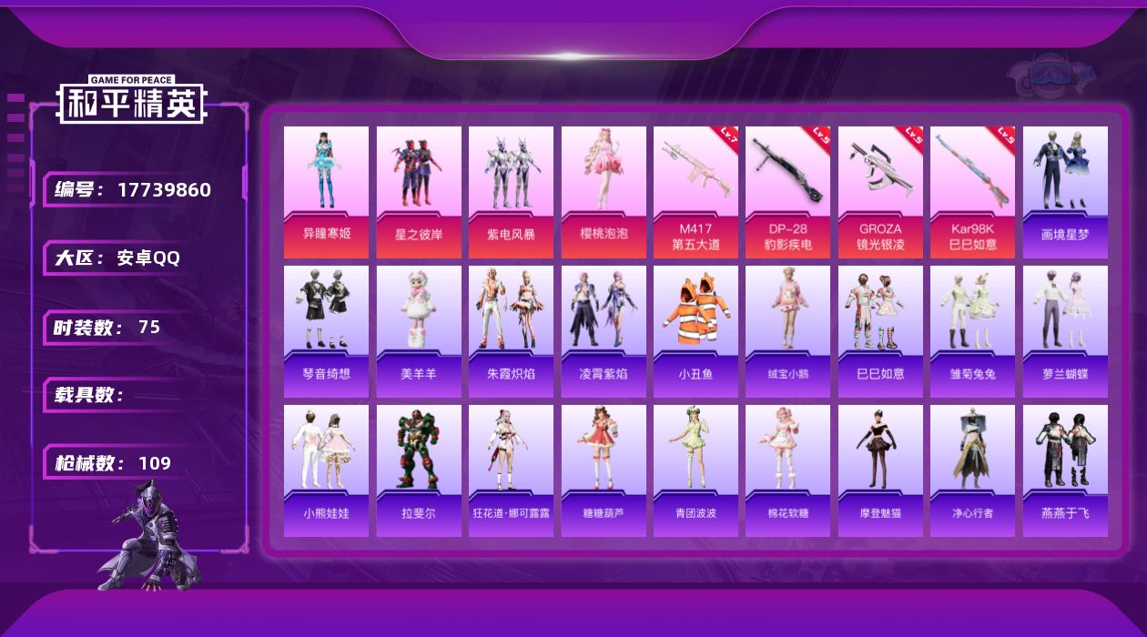 和平精英账号安卓QQ[17739860]安卓 手Q-4粉装-4特效枪-0载具-0粉色飞行器-31743热力值-6王牌印记-75套装-109枪皮
【热门品类】：套装-小丑鱼
【粉色套装】：粉装-星之彼岸，粉装-紫电风暴，角