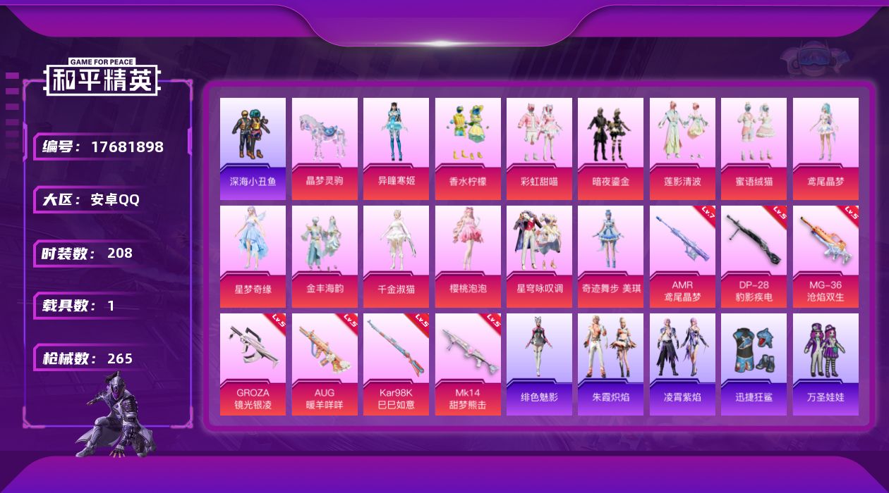 和平精英账号安卓QQ[17681898]【店主推荐捡漏号！可直接换绑】安卓 手Q-15粉装-10特效枪-1载具-3粉色飞行器-84045热力值-13王牌印记-208套装-265枪皮【热门品类】：套装-深海小丑鱼，套装-龟