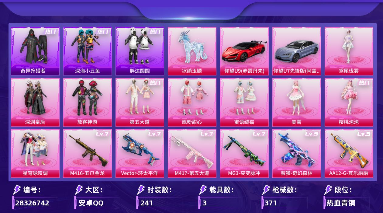[28326742]安卓手Q-历史最高段位：传奇王牌20星-9粉装-18特效枪-3载具-5粉色飞行器-116584热力值-23王牌印记-241套装-371枪皮
【热门品类】：套装-浪漫天命，套装-深海小丑鱼，套装-小丑鱼，套装-奇异狩猎者，套装-胖达圆圆，角色-2P战斗服款，套装-龟仙人，套装-暗影哥特，套装-粉红小猪，熔岩游骑兵连帽夹克
【粉色套装】：粉装-深渊皇后，粉装-放客神游，粉装-第五大道，粉装-飒粉甜心，粉装-蜜语绒猫，角色-美雪，角色-樱桃泡泡，粉装-星穹咏叹调，角色-鸢尾珑雾
【粉色枪皮等级】：AKM-阿良(三级)，SCAR-L-云端童话(五级)，M416-五爪金龙(七级)，M416-电玩时刻(五级)，AUG-青衫玉鸣(四级)，蜜獾-奇幻森林(五级)，Vector-环太平洋(七级)，汤姆逊-玉魄流云(二级)，AKS-74U-森灵之息(五级)，Kar98K-巳巳如意(五级)，Mk14-福马献瑞(五级)，M417-第五大道(七级)，AA12-G-其乐融融(五级)，DP-28-豹影疾电(五级)，DP-28-鸢尾珑雾(一级)，MG3-突变脉冲(七级)，M338-仙逆(三级)，烟雾弹-日月星辰(五级)
【粉色载具】：仰望U9（赤霞丹朱），仰望U7（阿盖尔紫），僚机-萌兔起飞，冰绡玉鳞
【粉色枪皮】：AKM-阿良，SCAR-L-云端童话，M416-五爪金龙，M416-电玩时刻，AUG-青衫玉鸣，蜜獾-奇幻森林，Vector-环太平洋，汤姆逊-玉魄流云，AKS-74U-森灵之息，Kar98K-巳巳如意，Mk14-福马献瑞，M417-第五大道，AA12-G-其乐融融，DP-28-豹影疾电，DP-28-鸢尾珑雾，MG3-突变脉冲，M338-仙逆，烟雾弹-日月星辰
【粉色飞行器】：炫彩糖果飞行器，彩虹独角兽飞行器，灵珠游龙飞行器，星罗盘飞行器，剑影随行飞行器
【粉色降落伞】：未来战士降落伞，神秘黑猫降落伞，暗夜玫瑰降落伞，蓝莓炮弹降落伞，环太平洋降落伞，第五大道降落伞，未来歌姬降落伞，拂晓神骑降落伞，精灵梦叶罗丽降落伞，创世·救赎降落伞，星梦奇缘降落伞，未来领航者降落伞，樱桃泡泡降落伞，星穹咏叹调降落伞，御兔特攻降落伞，喜羊羊与灰太狼降落伞，魔童闹海 敖丙降落伞，异瞳寒姬降落伞，炫彩糖果降落伞，鸢尾珑雾降落伞，六号石头人降落伞，仙逆降落伞，夜鸢箴言降落伞，剑灵降落伞
【稀有套装】：套装-