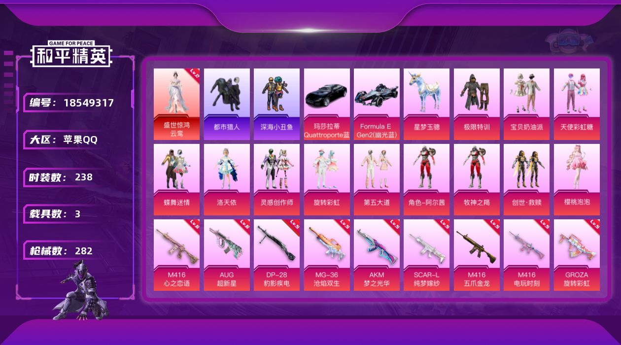 和平精英账号苹果QQ[18549317]苹果 手Q-1神装-12粉装-12特效枪-3载具-6粉色飞行器-99148热力值-10王牌印记-238套装-282枪皮【红色神装等级】：盛世惊鸿-云鸾(二级)【红色角色神装】：盛世