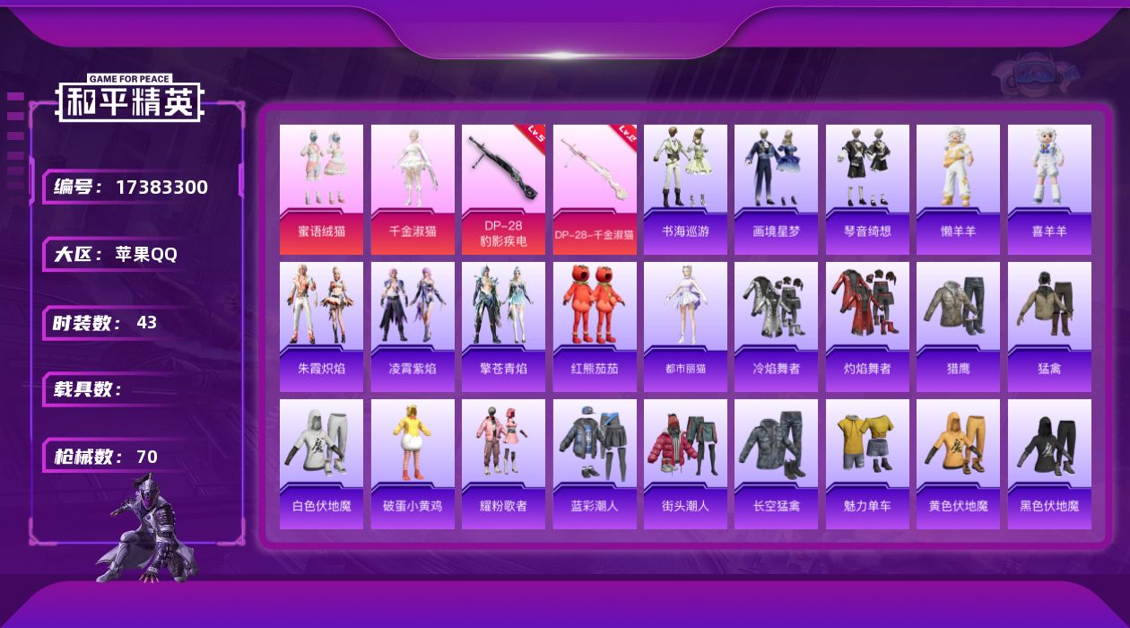 和平精英账号苹果QQ[17383300]苹果 手Q-2粉装-5特效枪-0载具-2粉色飞行器-20733热力值-4王牌印记-43套装-70枪皮
【热门品类】：套装-红熊茄茄
【粉色套装】：粉装-蜜语绒猫，角色-千金淑猫
【