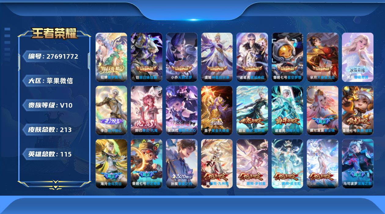 王者荣耀账号苹果VXV10 6典藏 1珍品无双 3无双 1珍品传说 44传说 115英雄 213皮肤 不可二次 不可修改