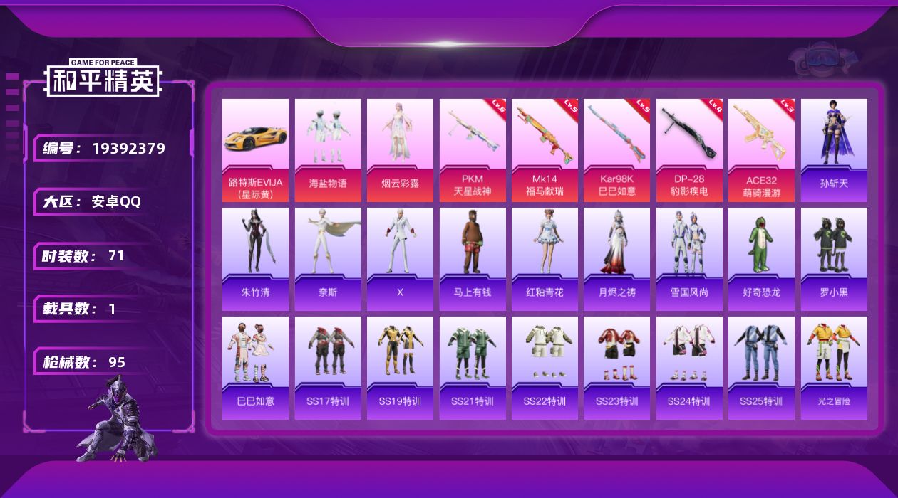 和平精英账号安卓QQ[19392379]71套装/枪械5/装备103/载具1/战备61/王牌印记1/热力值28577/三级ACE32-萌骑漫游/五级Kar98K-巳巳如意/五级MK14-福马献瑞/四级DP-28-豹影疾电