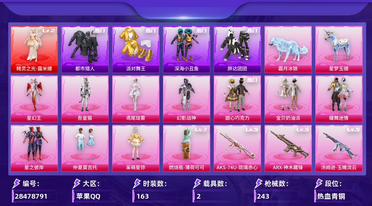 [28478791]苹果手Q-历史最高段位：卓越王牌13星-1神装-12粉装-20特效枪-2载具-14粉色飞行器-79873热力值-8王牌印记-163套装-243枪皮
【红色神装等级】：精灵之光-露米娜(二级)
【红色角色神装】：精灵之光-露米娜
【热门品类】：套装-浪漫天命，套装-都市猎人，套装-派对舞王，套装-深海小丑鱼，角色-军刀雅典娜，套装-胖达团团，套装-忍者信条，套装-暗夜之虎，套装-暗影哥特，套装-糯粉咩咩
【粉色套装】：粉装-碎梦浮光，粉装-幻影战神，粉装-甜心巧克力，粉装-宝贝奶油派，粉装-蝶舞迷情，粉装-星之彼岸，粉装-仲夏莫吉托，角色-呆萌星弥，角色-鸢尾珑雾，角色-吾皇猫，角色-星幻王，人物-洛天依·龙灵
【粉色枪皮等级】：SCAR-L-云端童话(五级)，AUG-星之彼岸(五级)，蜜獾-奇幻森林(五级)，ARX-神木藏锋(五级)，UMP45-萌骑冒险(五级)，Vector-流风之羽(五级)，汤姆逊-玉魄流云(五级)，AKS-74U-森灵之息(一级)，AKS-74U-琉璃赤心(五级)，P90-诸神·破晓(五级)，Kar98K-圣域龙灵(三级)，Mk14-福马献瑞(五级)，Mk14-陈平安(四级)，李-恩菲尔德-破风疾驰(二级)，AA12-G-其乐融融(五级)，DP-28-豹影疾电(五级)，DP-28-鸢尾珑雾(四级)，MG3-洛神天依(五级)，信号枪-金乌曜日(四级)，燃烧瓶-薄荷可可(七级)
【粉色载具】：星梦玉骢，霜月冰狼
【粉色枪皮】：SCAR-L-云端童话，AUG-星之彼岸，蜜獾-奇幻森林，ARX-神木藏锋，UMP45-萌骑冒险，Vector-流风之羽，汤姆逊-玉魄流云，AKS-74U-森灵之息，AKS-74U-琉璃赤心，P90-诸神·破晓，Kar98K-圣域龙灵，Mk14-福马献瑞，Mk14-陈平安，李-恩菲尔德-破风疾驰，AA12-G-其乐融融，DP-28-豹影疾电，DP-28-鸢尾珑雾，MG3-洛神天依，信号枪-金乌曜日，燃烧瓶-薄荷可可
【粉色飞行器】：香车宝马飞行器，炫彩糖果飞行器，碎梦浮光飞行器，梦幻火箭飞行器，沙丘之主天马，幻海精灵飞行器，曦光华影飞行器，暮色之舞飞行器，谜鸦审判飞行器，踏卷乘风飞行器，纱华羽翼飞行器，星罗盘飞行器，惊雷剑影飞行器
【粉色降落伞】：绝对恒星降落伞，满月旋律降落伞，灰烬之翎降落伞，碎梦浮光降落伞，破风疾驰降落伞