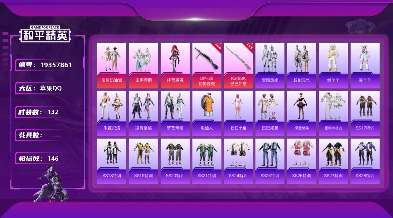和平精英账号苹果QQ[19357861]132套装/枪械3/装备178/战备141/王牌印记15/热力值45819/五级Kar98K-巳巳如意/五级MK14-福马献瑞/五级DP-28-豹影疾电/龟仙人/粉红小猪/宝贝奶油