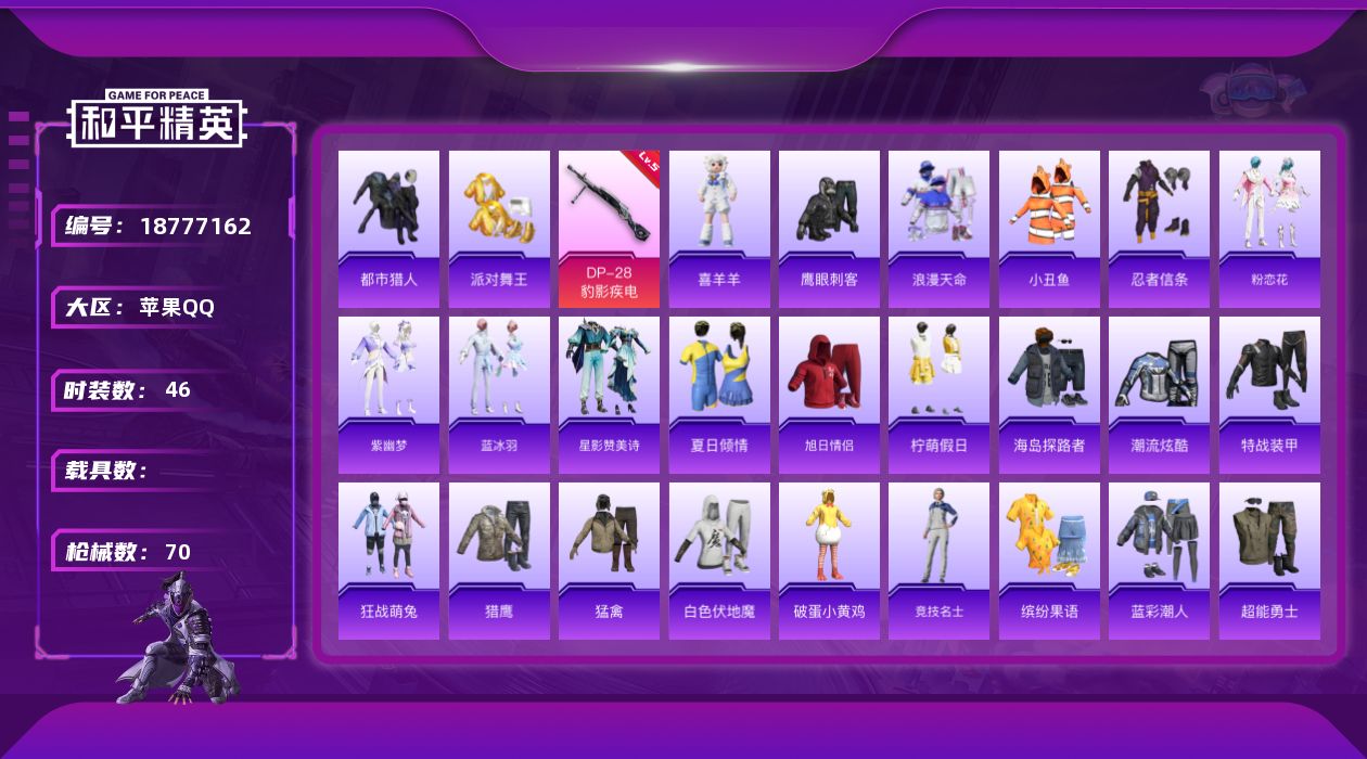 和平精英账号苹果QQ[18777162]苹果 手Q-0粉装-4特效枪-0载具-1粉色飞行器-17182热力值-2王牌印记-46套装-70枪皮
【热门品类】：套装-浪漫天命，套装-都市猎人，套装-派对舞王，套装-小丑鱼，套