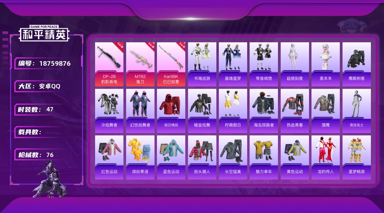和平精英账号安卓QQ[18759876]47套装/枪械5/装备82/战备50/王牌印记6/热力值19866/五级M762-鬼刀/二级ACE32-萌骑漫游/四级Kar98K-巳巳如意/五级Mk14-福马献瑞/五级DP-28