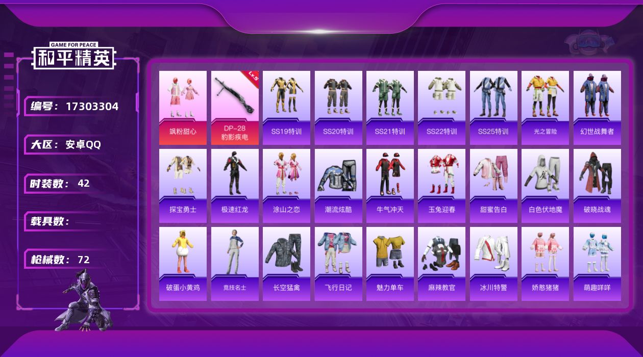 和平精英账号安卓QQ[17303304]【特价出售/店主推荐】安卓 手Q-1粉装-4特效枪-0载具-0粉色飞行器-18493热力值-3王牌印记-42套装-72枪皮
【粉色套装】：粉装-飒粉甜心
【粉色枪皮等级】：UMP4