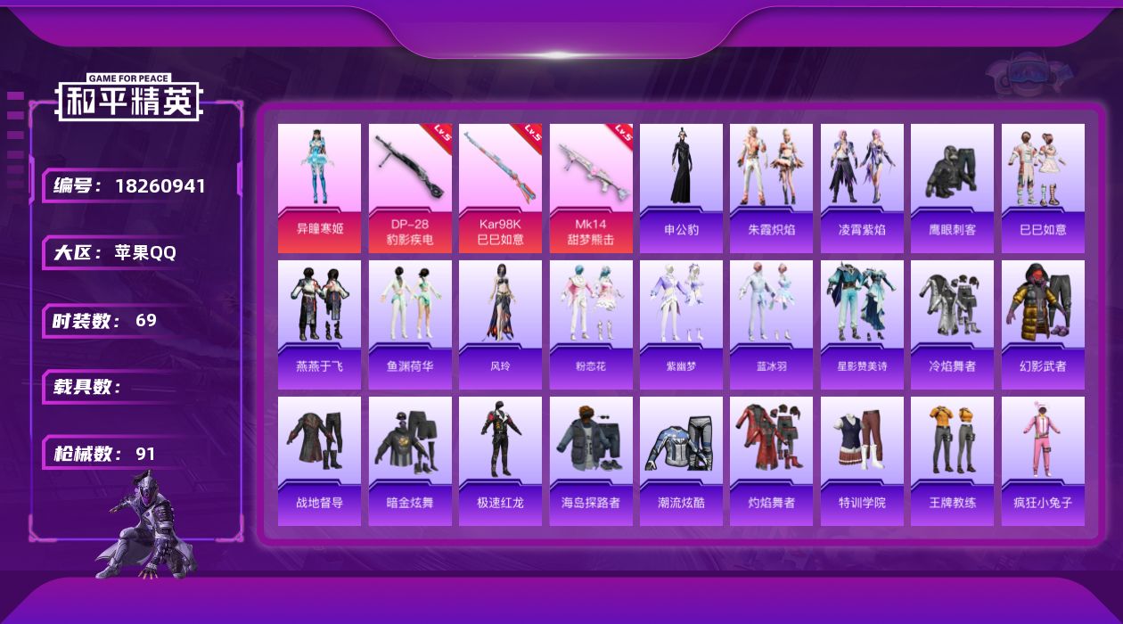 和平精英账号苹果QQ[18260941]苹果 手Q-1粉装-3特效枪-0载具-1粉色飞行器-22992热力值-3王牌印记-69套装-91枪皮
【粉色套装】：角色-异瞳寒姬
【粉色枪皮等级】：Kar98K-巳巳如意(五级)