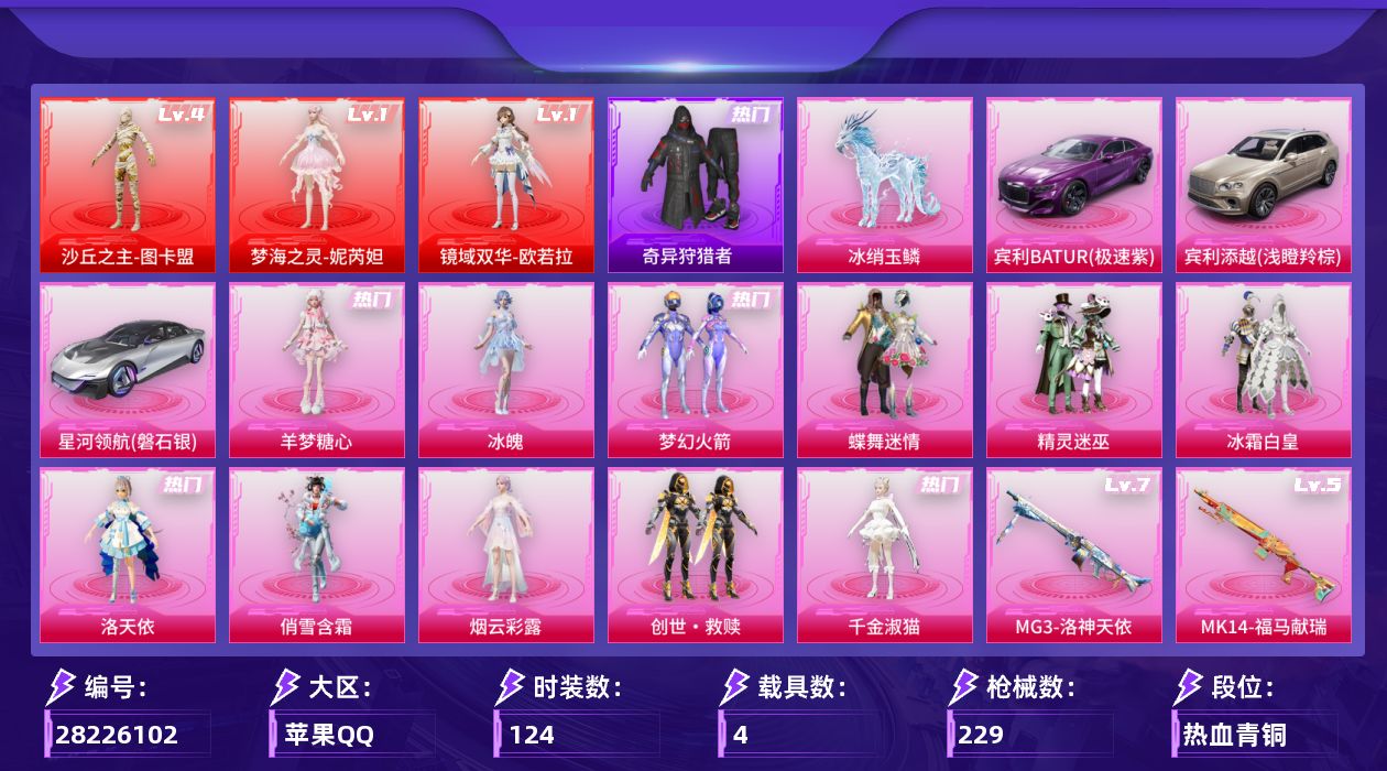 [28226102]苹果手Q-历史最高段位：传奇王牌16星-3神装-11粉装-14特效枪-4载具-12粉色飞行器-79860热力值-9王牌印记-124套装-229枪皮
【红色神装等级】：梦海之灵-妮芮妲(一级)，镜域双华-欧若拉(一级)，沙丘之主-图卡盟(四级)
【红色角色神装】：梦海之灵-妮芮妲，镜域双华-欧若拉，沙丘之主-图卡盟
【热门品类】：粉装-梦幻火箭，套装-小丑鱼，套装-奇异狩猎者，套装-龟仙人
【粉色套装】：粉装-蝶舞迷情，粉装-精灵迷巫，粉装-梦幻火箭，粉装-冰霜白皇，角色-洛天依，粉装-俏雪含霜，角色-烟云彩露，套装-创世·救赎，角色-千金淑猫，角色-冰魄，角色-羊梦糖心
【粉色枪皮等级】：SCAR-L-锦绣绵绵(四级)，SCAR-L-魔童闹海 哪吒(三级)，M416-天马神君(三级)，ACE32-萌骑漫游(三级)，汤姆逊-玉魄流云(一级)，P90-沙丘之主(一级)，Kar98K-巳巳如意(五级)，M24-镜域双华(三级)，Mk14-福马献瑞(五级)，SLR-暗夜玫瑰(一级)，SPAS-12-蜜语绒猫(二级)，DP-28-千金淑猫(一级)，DP-28-豹影疾电(三级)，MG3-洛神天依(七级)
【粉色载具】：宾利BATUR（极速紫），宾利添越（浅瞪羚棕），星河领航（磐石银），冰绡玉鳞
【粉色枪皮】：SCAR-L-锦绣绵绵，SCAR-L-魔童闹海 哪吒，M416-天马神君，ACE32-萌骑漫游，汤姆逊-玉魄流云，P90-沙丘之主，Kar98K-巳巳如意，M24-镜域双华，Mk14-福马献瑞，SLR-暗夜玫瑰，SPAS-12-蜜语绒猫，DP-28-千金淑猫，DP-28-豹影疾电，MG3-洛神天依
【粉色飞行器】：炫彩糖果飞行器，梦幻火箭飞行器，天之羽翼飞行器，星夜魔法师飞行翼，萌物绒绒飞行器，沙丘之主天马，镜域双华-灵镜之阶，幻海精灵飞行器，曦光华影飞行器，灵珠游龙飞行器，极意拳锋飞行器，踏卷乘风飞行器
【粉色降落伞】：梦幻火箭降落伞，童趣迷兔降落伞，暗夜玫瑰降落伞，绚金瑰梦降落伞，焦糖拿铁降落伞，碧影闪光降落伞，星夜魔法师降落伞，旋转彩虹降落伞，蜜语绒猫降落伞，镜域双华降落伞，鎏金朋克降落伞，江南烟雨降落伞，精灵之光降落伞，千金淑猫降落伞，雪月幻音降落伞，魔童闹海 哪吒降落伞，魔童闹海 敖丙降落伞，异瞳寒姬降落伞，炫彩糖果降落伞，霁蓝缠春降落伞，天马神君降落伞，六号石