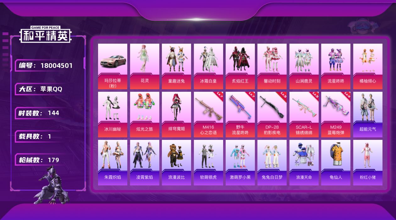 和平精英账号苹果QQ[18004501]【特价出售/店主推荐】苹果 手Q-11粉装-5特效枪-1载具-3粉色飞行器-57980热力值-11王牌印记-144套装-179枪皮
【热门品类】：粉装-童趣迷兔，套装-浪漫天命，套