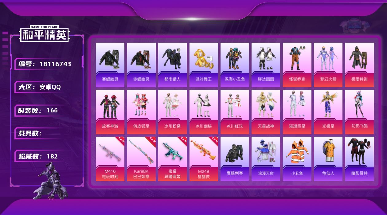 和平精英账号安卓QQ[18116743]【特价出售/店主推荐】安卓 手Q-12粉装-6特效枪-3粉色飞行器-60078热力值-7王牌印记-166套装-182枪皮【热门品类】：粉装-怪诞乔克，粉装-梦幻火箭，套装-寒蝎幽灵