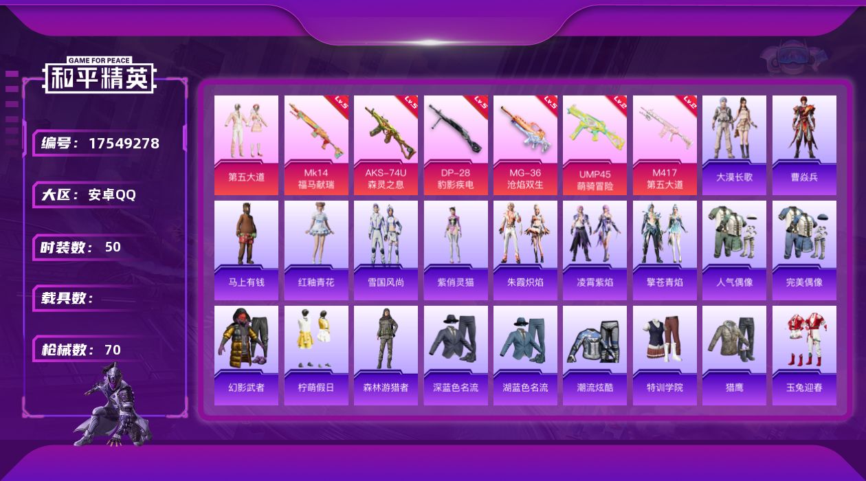 和平精英账号安卓QQ[17549278]实名: 可修改 时装数: 50 枪械数: 70 战备数: 50 热门装扮: 第五大道 稀有枪皮: M417第五大道,DP-28-豹影疾电,MG-36-沧焰双生,AKS-74U-森灵