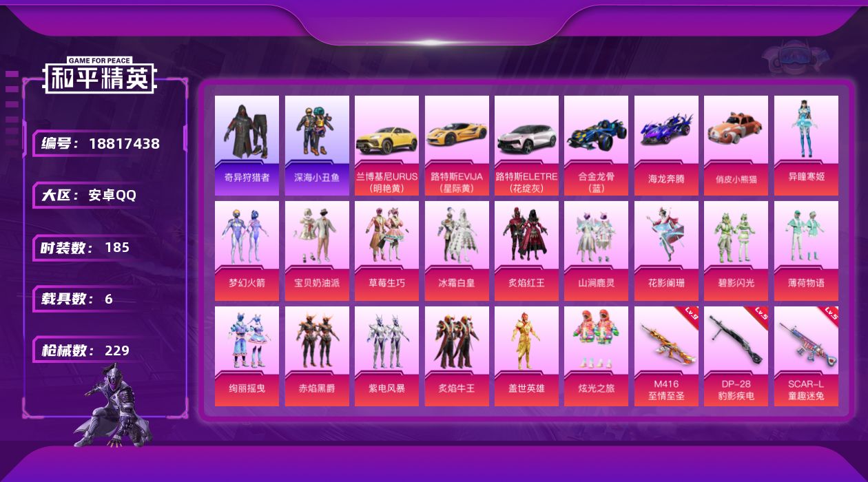 和平精英账号安卓QQ[18817438]185套装/枪械7/装备288/载具6/战备161/王牌印记10/热力值85566/五级SCAR-L-童趣迷兔/一级SCAR-L-青春物语/一级M416-五爪金龙/九级M416-至